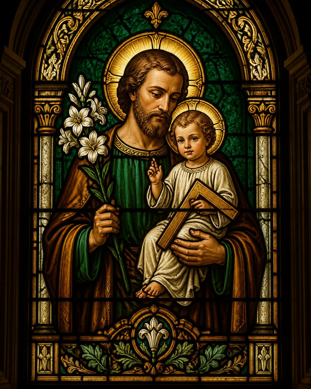 Vitral de São José com o Menino Jesus e o lírio