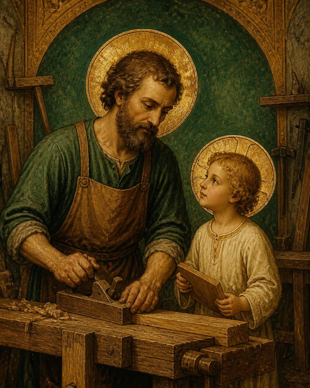 São José carpinteiro trabalhando com o Menino Jesus