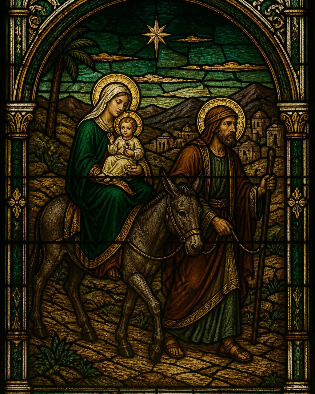 Vitral da fuga para o Egito com São José guiando o jumento